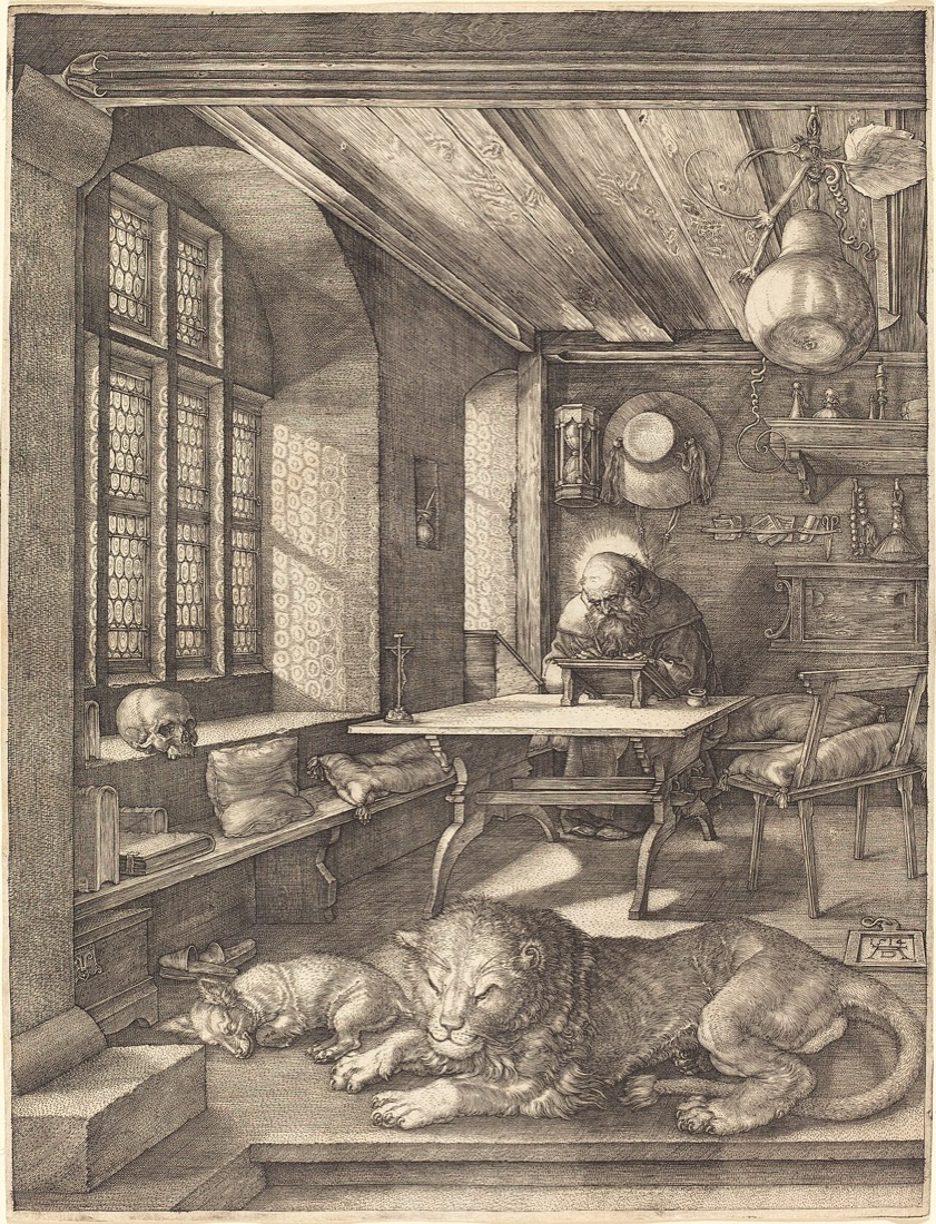 Albrecht Dürer's engraving Saint Jerome in His Study — a scholar writing at a desk by a window, a lion and dog resting in the foreground.